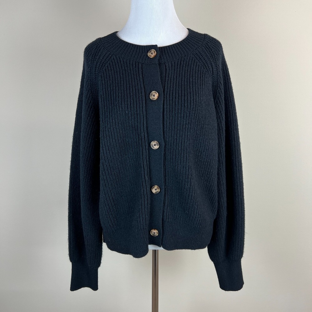 Banana Republic Cardigan Sweater Womens XL Blk Chunky Ribbed Knit Balloon Sleeve